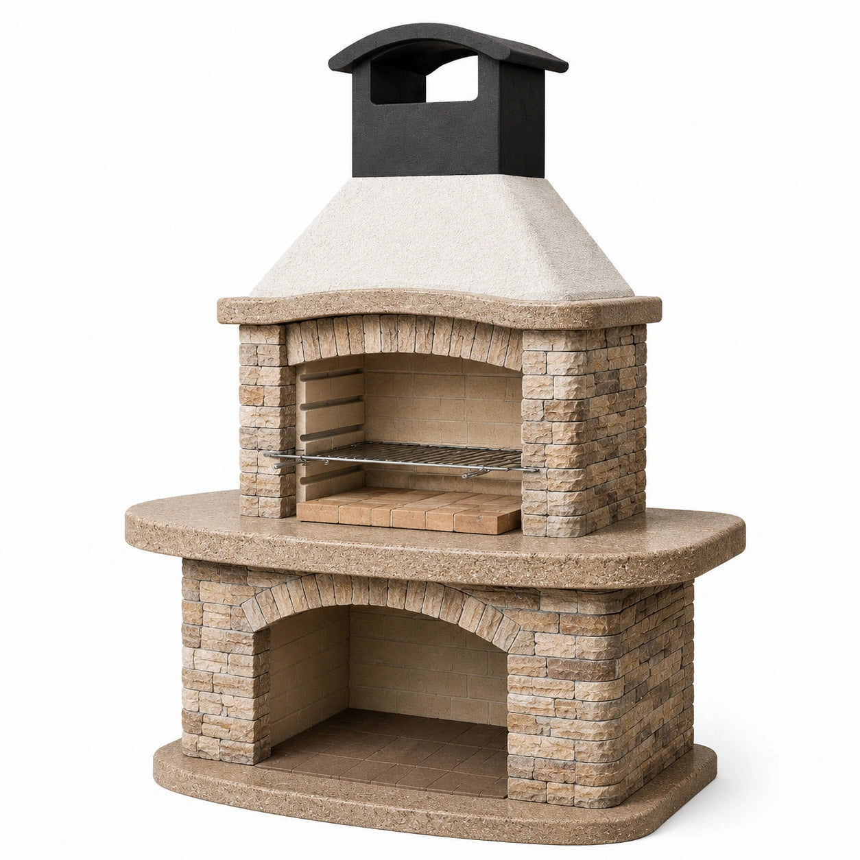 Barbecue en pierre avec grille en acier inoxydable, 130x80x210 cm, beige/noir