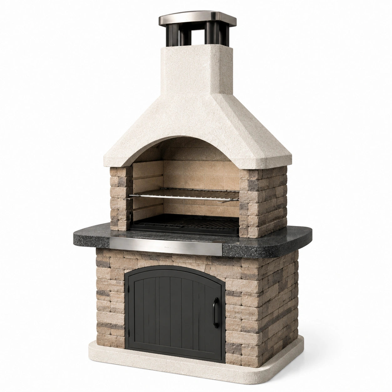 Barbecue en pierre avec cheminée, grille en acier inoxydable, 165x110x65 cm, beige/noir