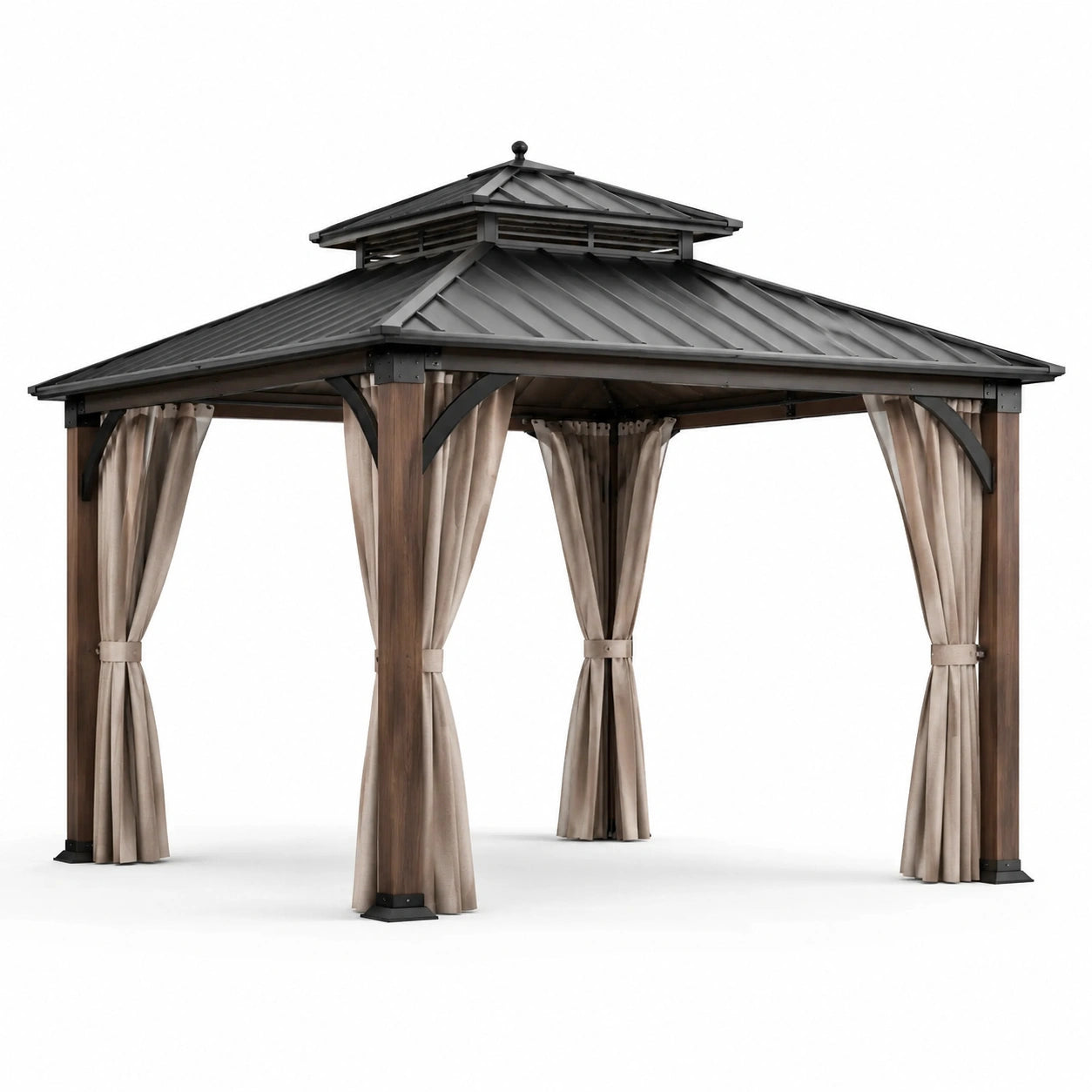 Pavillon en bois et métal avec rideaux en polyester beige 3x4m