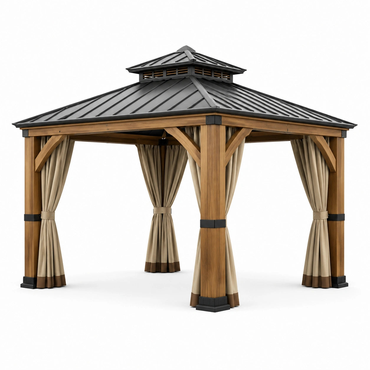 Pavillon de jardin avec structure en bois et toit en acier, rideaux en polyester beige