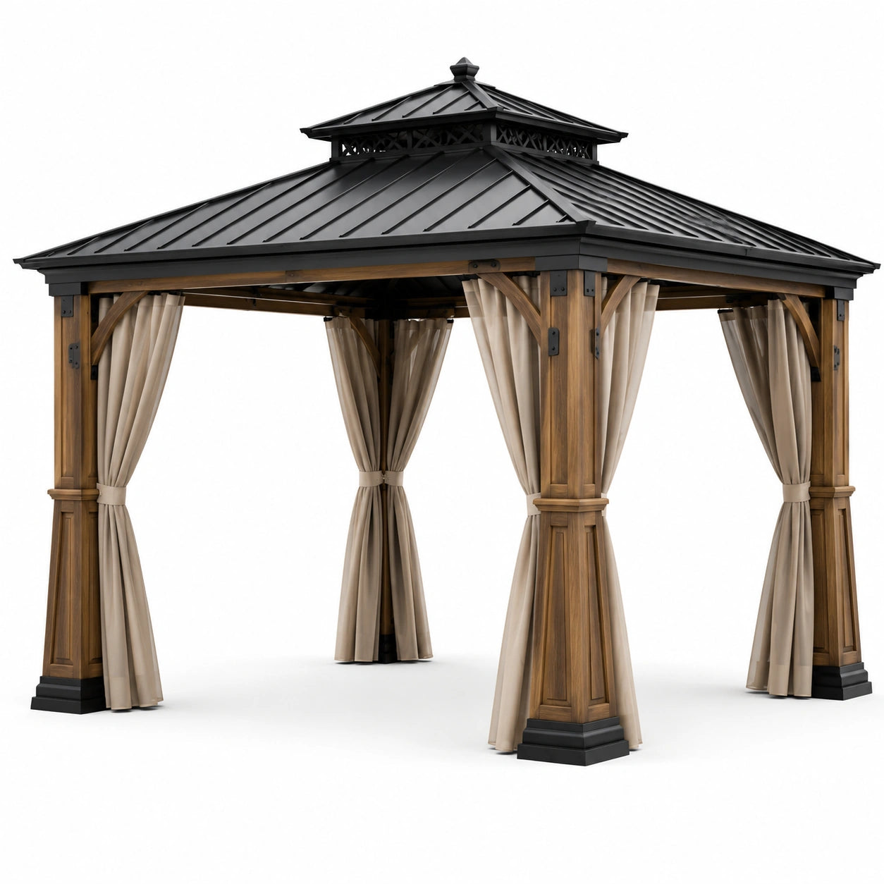 Pavillon de jardin en bois et métal avec rideaux beiges