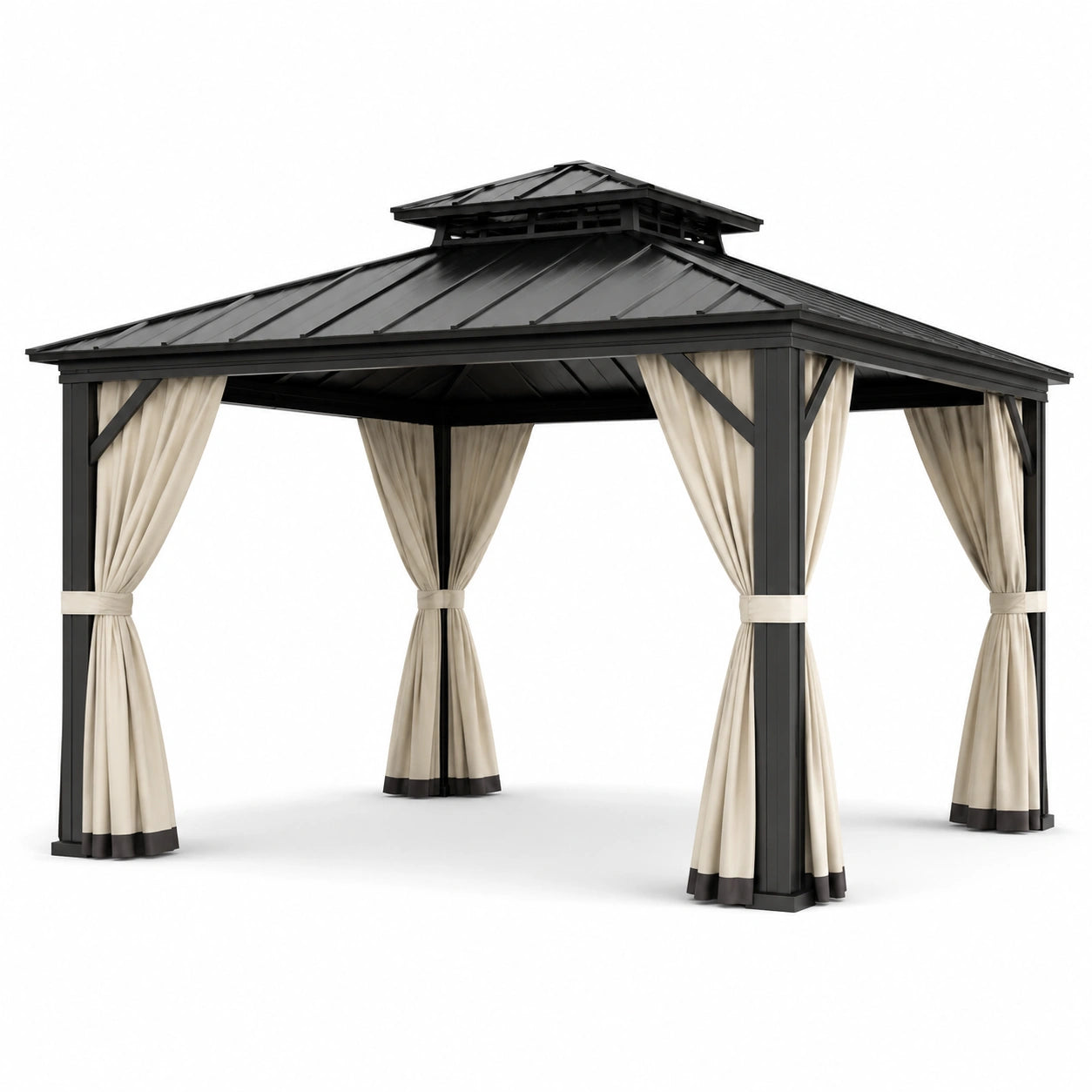Pavillon en métal avec rideaux en polyester 3x3m noir/beige